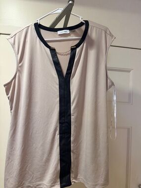 Calvin Klein Beige Sleeveless Blouse with Black Trim and Chain